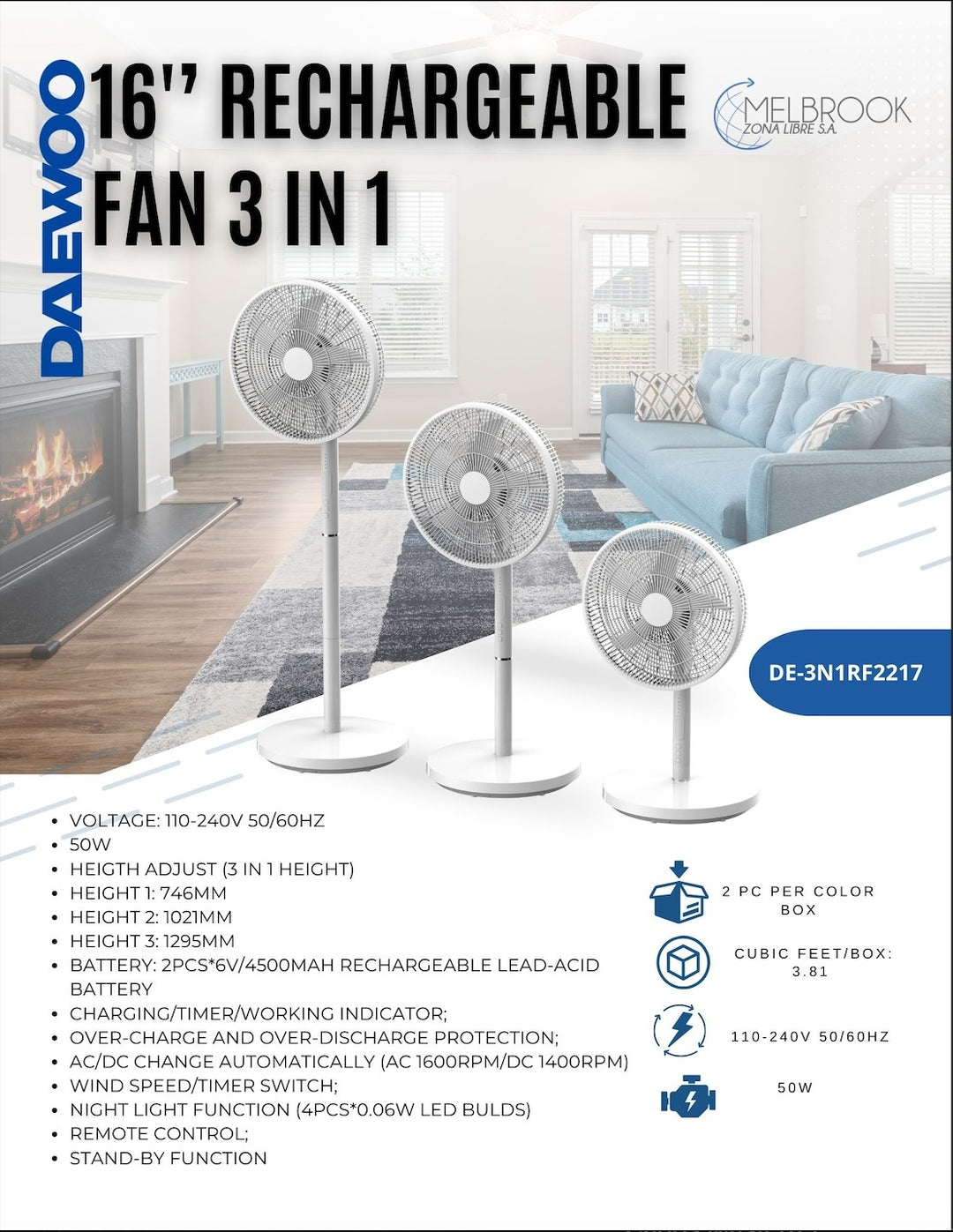 Abanico Recargable 16" 3in1