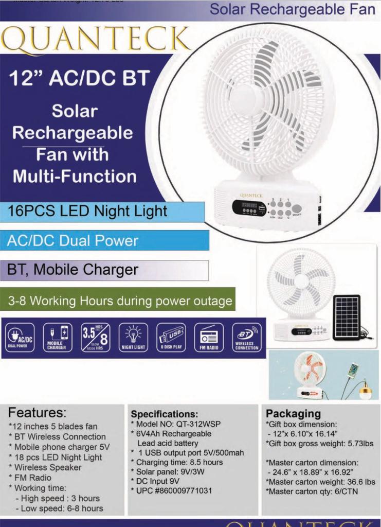 Abanico de mesa 12" Quanteck Solar, Recargable