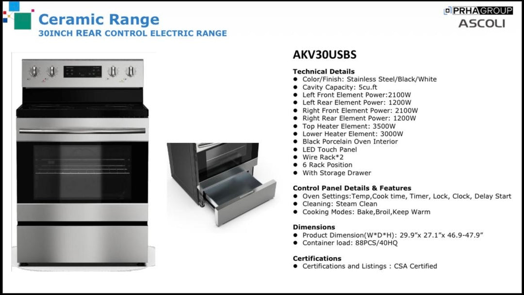 Estufa Ascoli 30" electrica Steel AKV30USBS